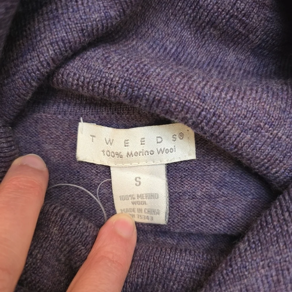 TWEEDS Sweater Small Merino Wool Shirred Turtleneck 3/4 Sleeve Pullover Purple